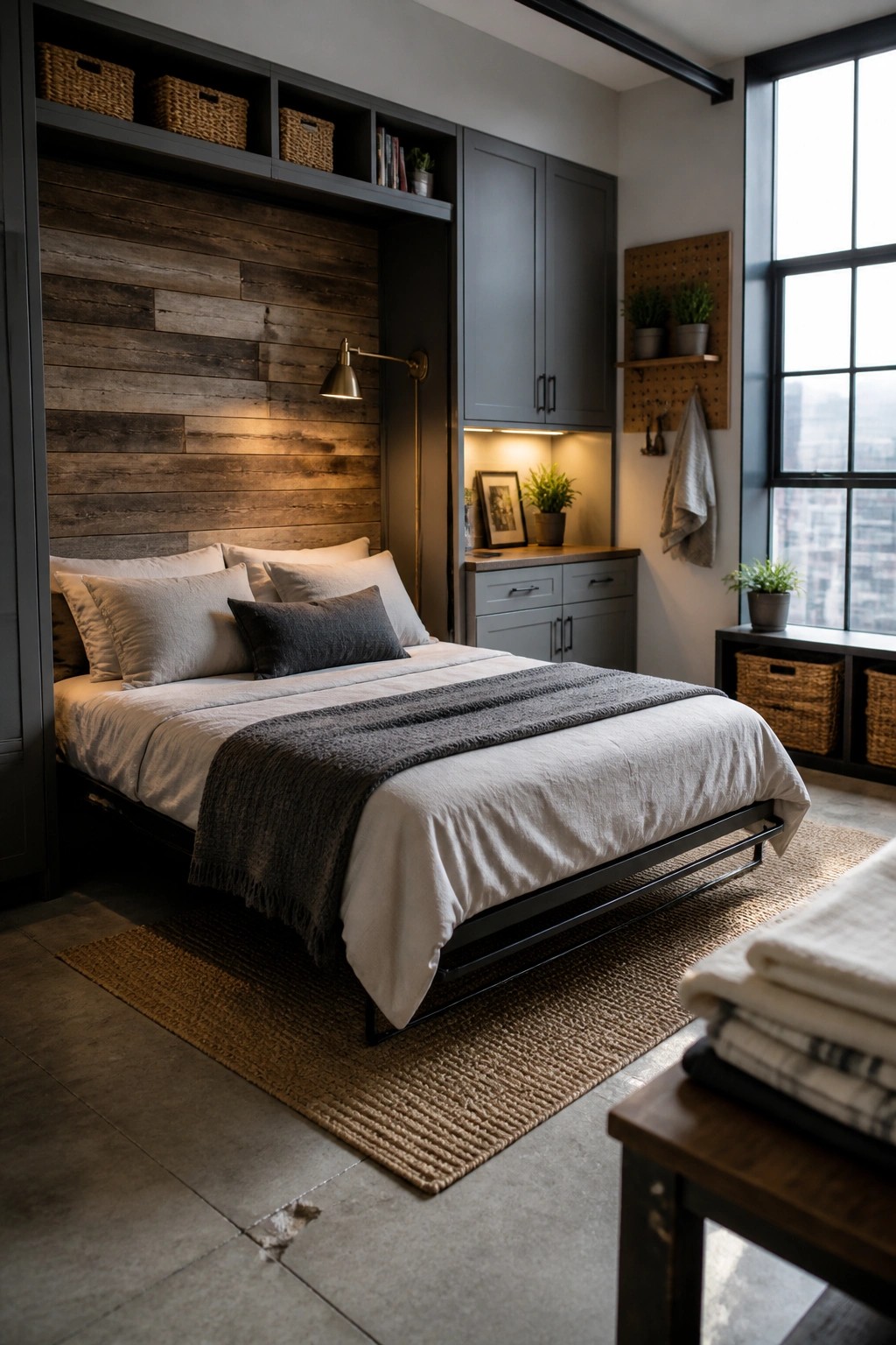 A bedroom featuring a reclaimed wood accent wall behind the bed with built-in overhead shelves, dark cabinetry to the right, and a large window.