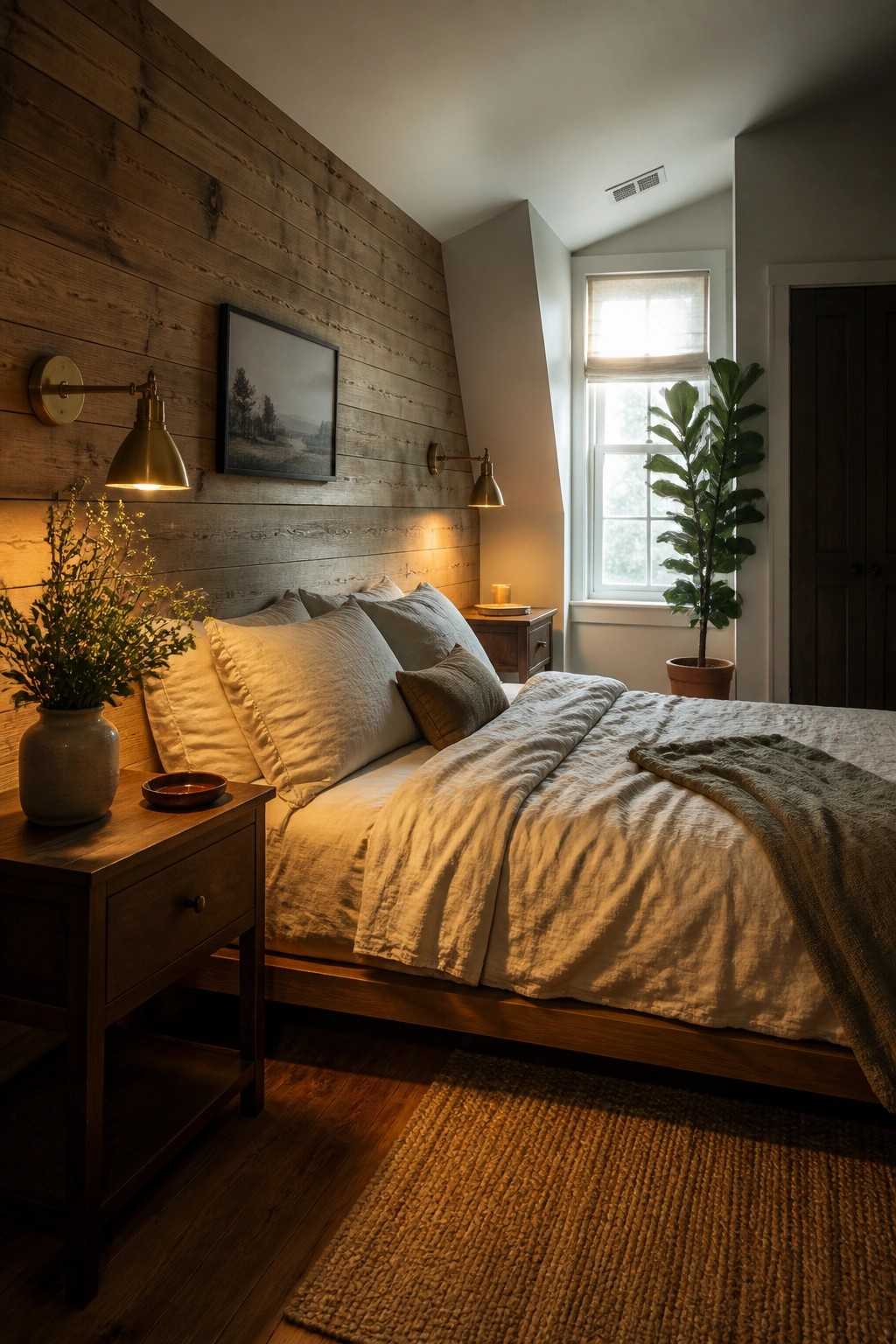 A bedroom featuring a vertical wood plank accent wall behind a bed with white and beige bedding, two brass wall sconces, a window with a potted plant, and a woven rug on the floor.