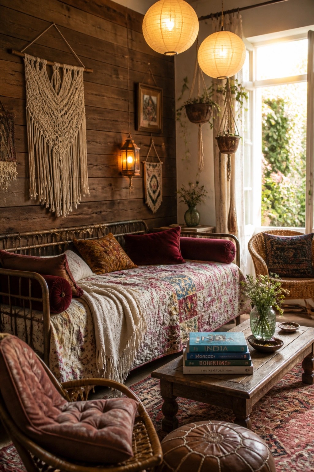 A bedroom interior with a dark horizontal wood plank accent wall, macrame hangings, a metal daybed with patchwork quilt, and woven seating.