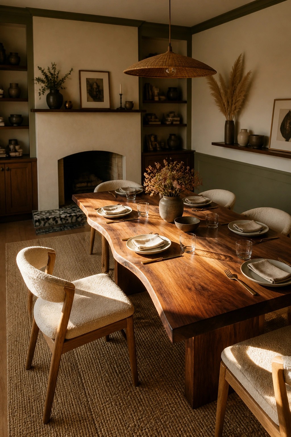 A dining room with a long live-edge wooden table set for a meal, surrounded by upholstered chairs, and a fireplace visible in the background.
