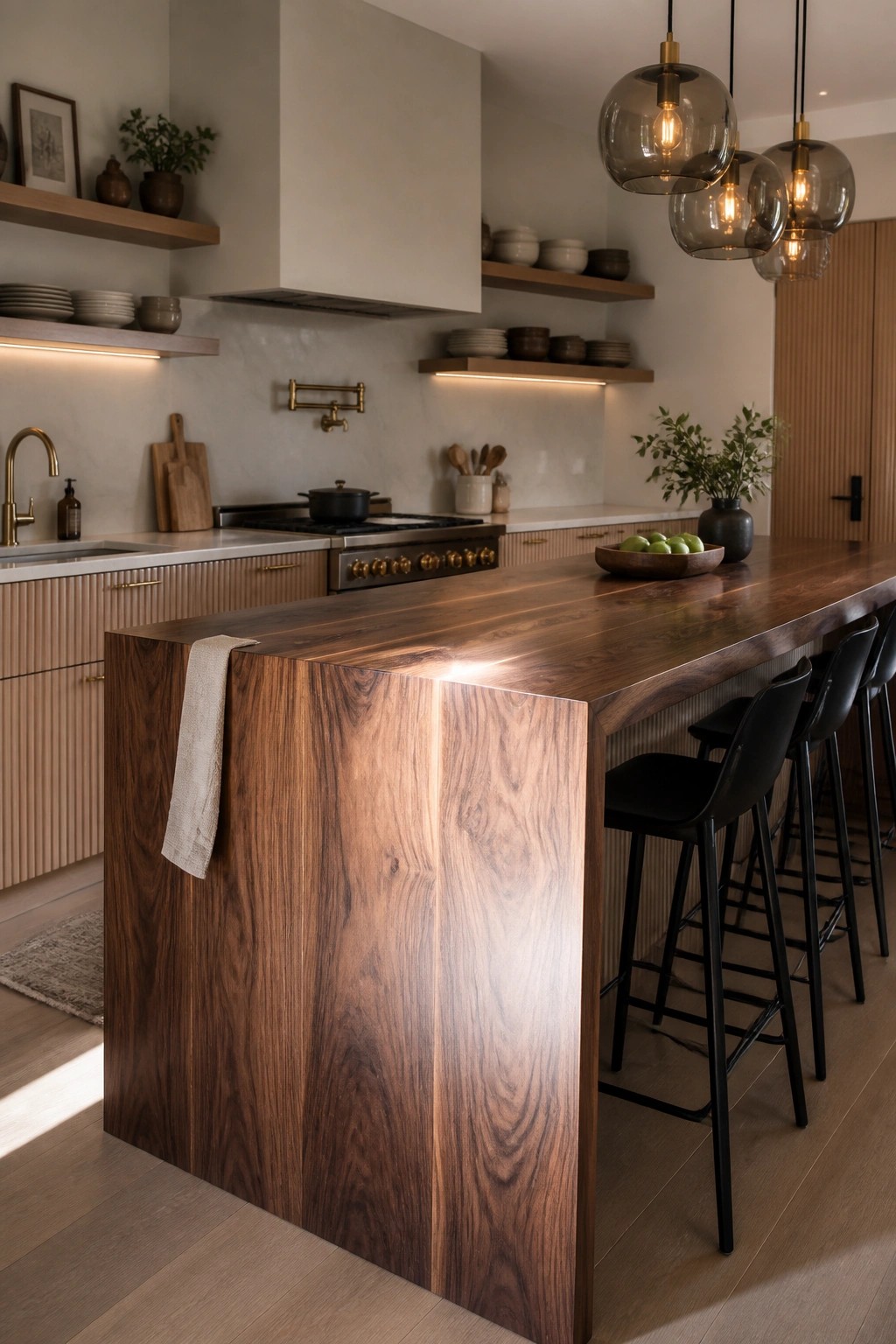 A modern kitchen with a thick dark wood island, black bar stools along one side, and glass pendant lights hanging above.