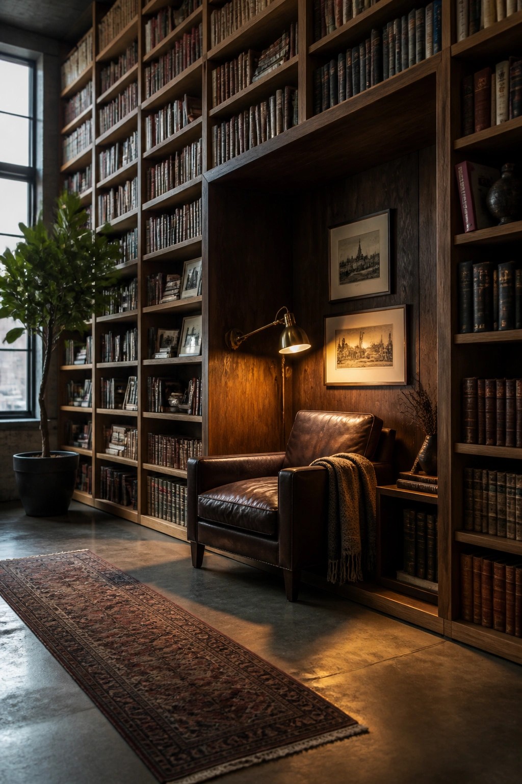 Cozy library nook with leather armchair, glowing lamp, bookshelves, and patterned rug.
