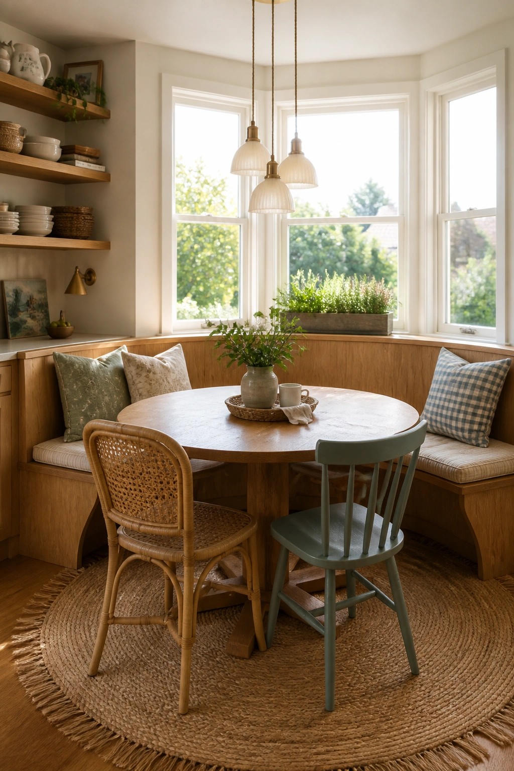 A round wooden dining table placed in a bay window with built-in wooden bench seating, two chairs, and a round jute rug.