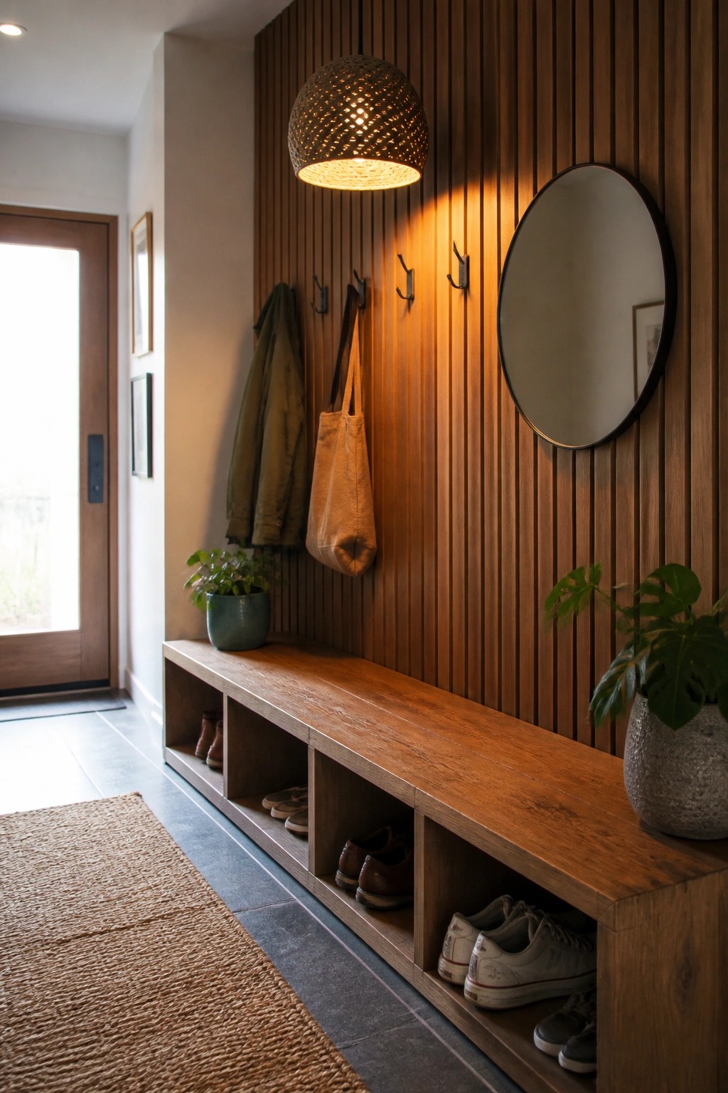 A long wooden bench with open cubbies for shoes runs along a vertical wood slat wall fitted with hooks, a round mirror, and a woven pendant light.
