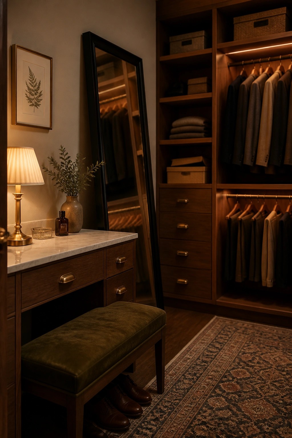 A wooden walk-in closet featuring built-in shelves, drawers, hanging rods, a marble vanity with a full-length mirror, a green upholstered bench, and warm lighting from a table lamp.
