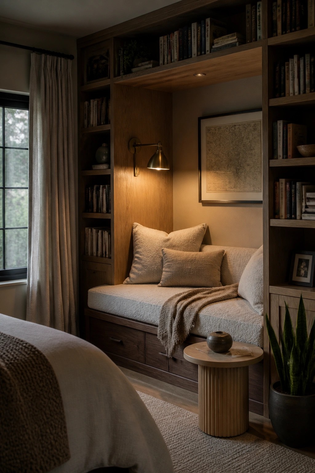 Cozy wooden bookshelf nook with cushioned bench, pillows, lamp, and books