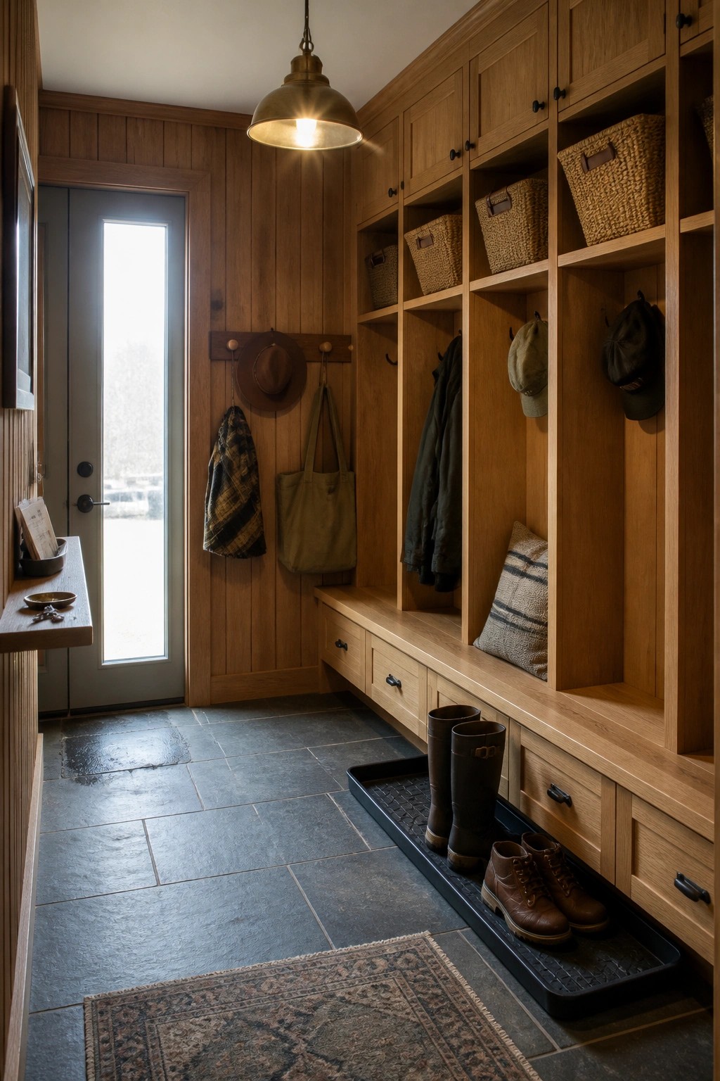 A wood-paneled mudroom with built-in cubbies holding woven baskets, wall hooks for coats and hats, a long bench with drawers, and boots resting on a black tray.