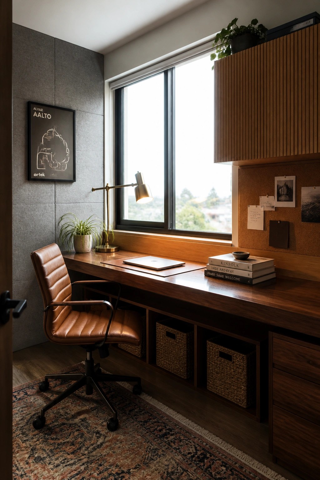 A modern home office with a long wooden desk under a large window, a brown leather swivel chair, woven baskets in the open desk cubbies, and a brass desk lamp.