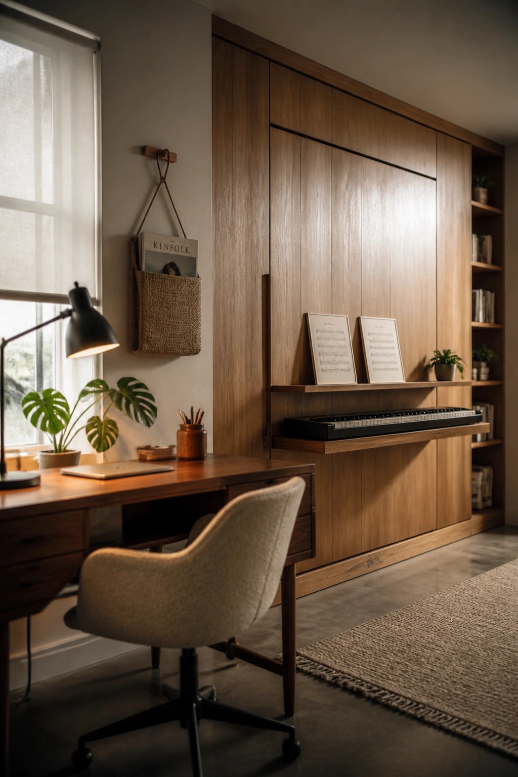 A home office features a full-height wooden built-in cabinet wall with a floating shelf holding a keyboard and two framed sheets, next to a wooden desk and upholstered chair.