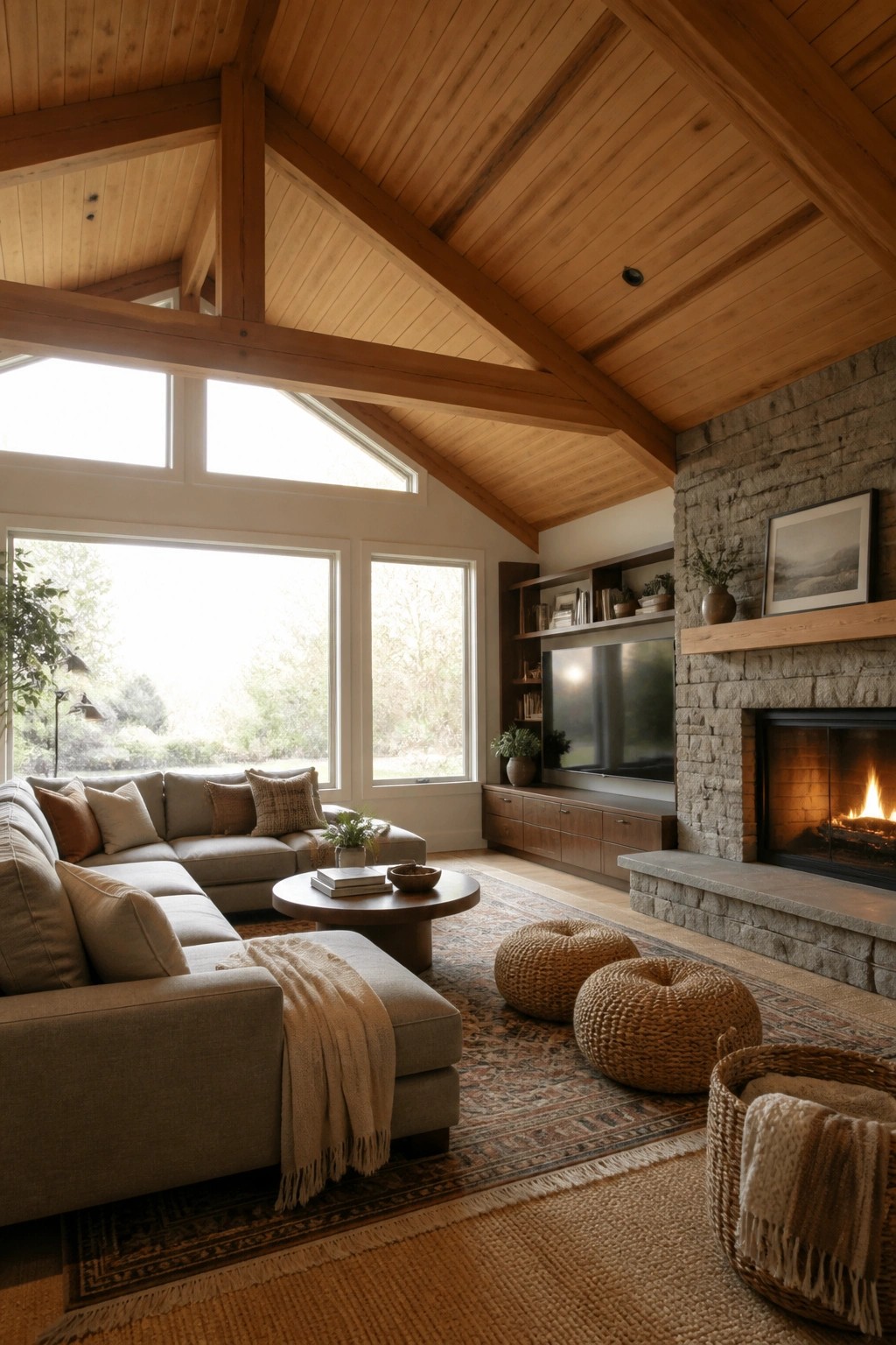 A spacious living room with vaulted wood ceiling beams, a stone fireplace, large windows, and a sectional sofa arranged around a round coffee table.