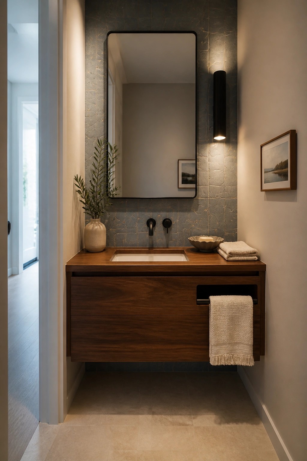 A modern bathroom with a floating dark wood vanity, rectangular undermount sink, black faucet, large mirror, and a towel hanging from an integrated side rail.