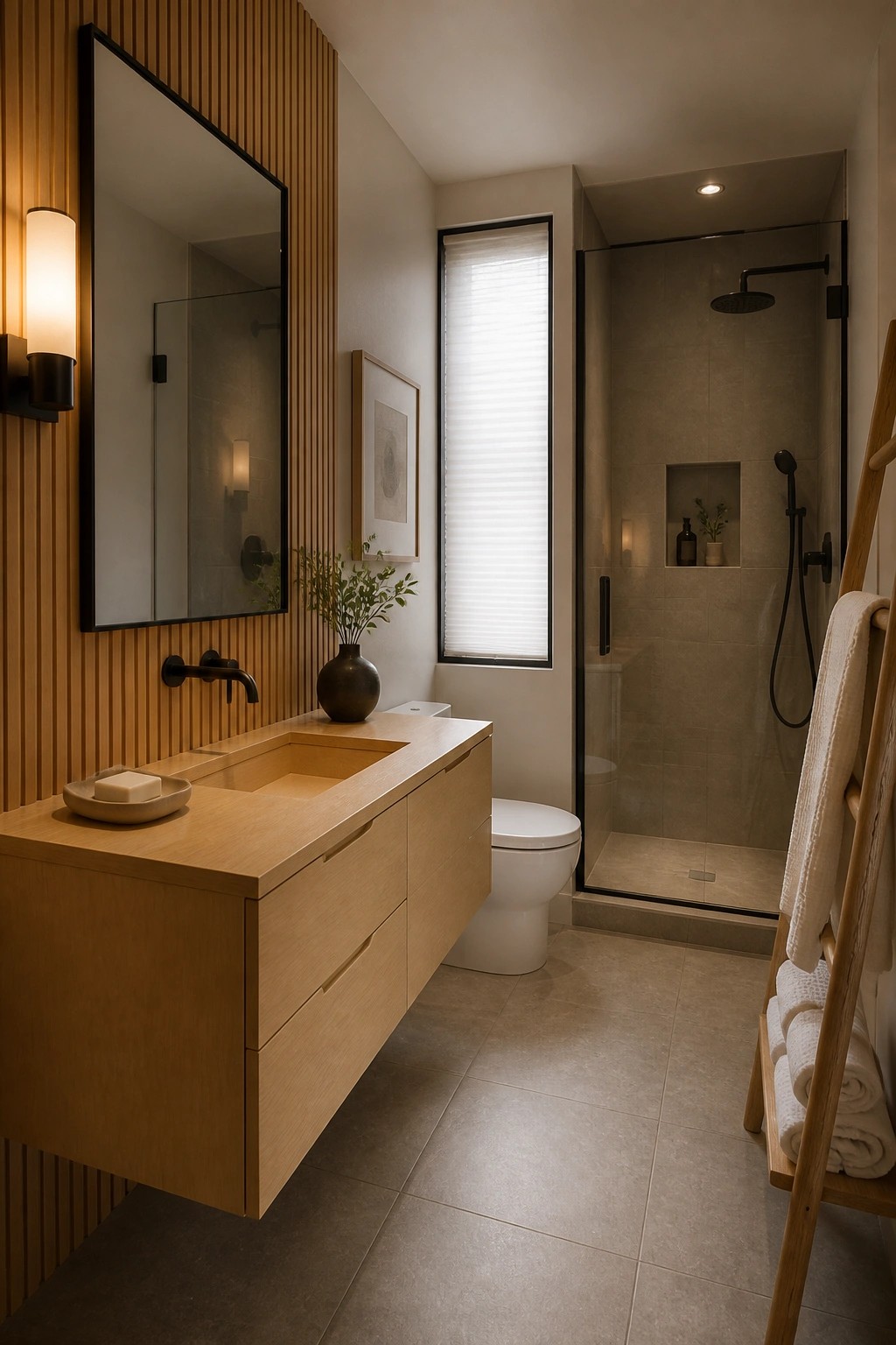 A modern bathroom with a light wood floating vanity, black framed mirror on a vertical wood wall, white toilet, and glass enclosed shower with beige tiles.
