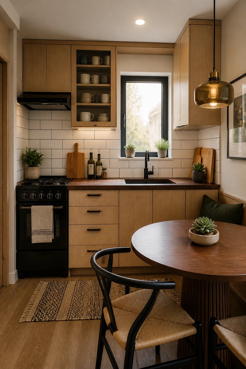 A compact modern kitchen with light wood cabinets, open shelving, a black stove, and a round wooden dining table with black chairs near a window.