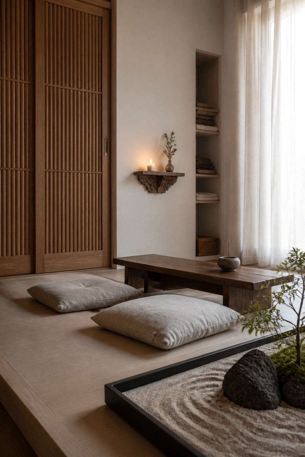 A minimalist interior with wooden sliding doors, a low wooden table, floor cushions, built-in shelves, and a small zen garden tray in the foreground.