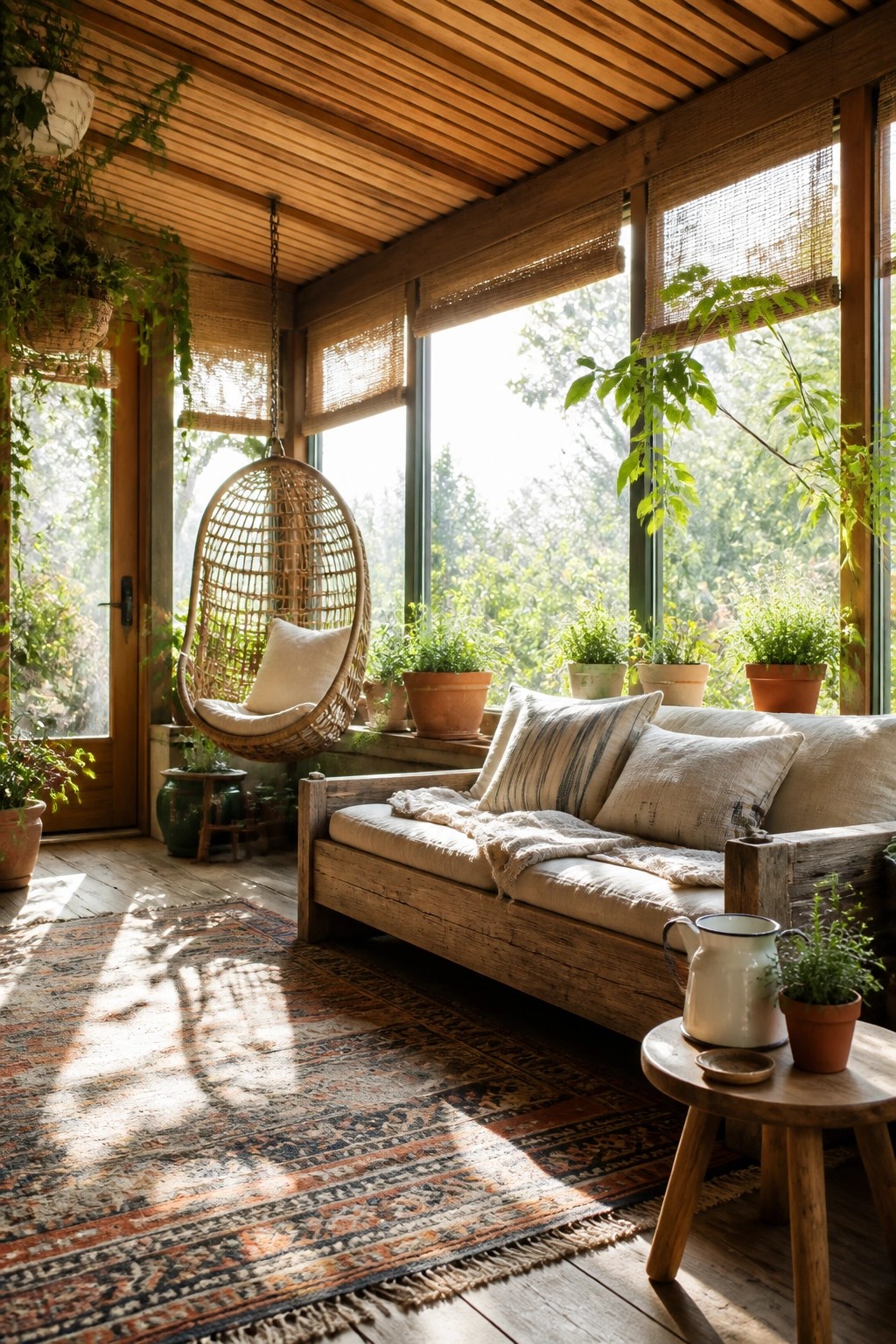 A sunlit interior room with a slatted wooden ceiling, wooden floor, a low wooden sofa with cushions, a hanging woven chair, and multiple potted plants along the windows.
