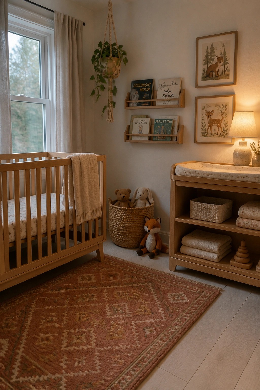 A nursery with a light wood crib, matching changing table, wall bookshelves holding children's books, stuffed animals on the floor, and a patterned rug.