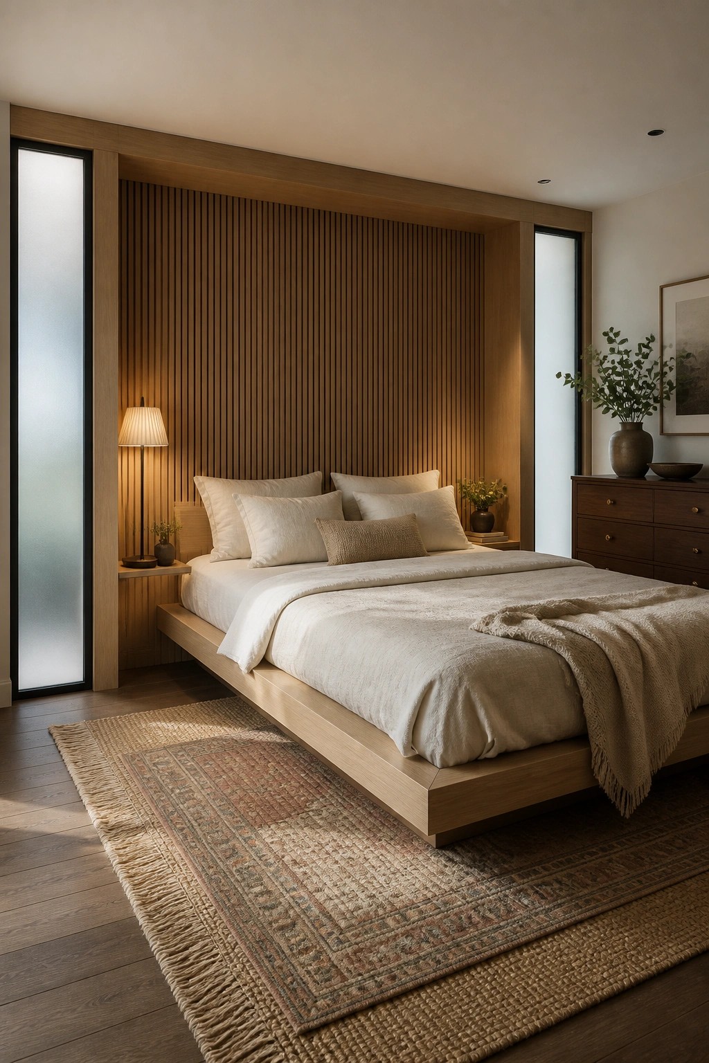 A bedroom with a wooden platform bed against a vertical wood slat accent wall, layered with white bedding and a large patterned rug on the floor.