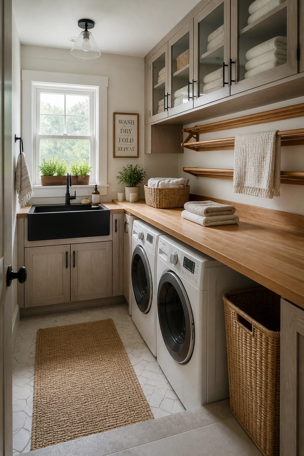 A laundry room with light wood cabinets and countertop, white washer and dryer, black sink under a window, and woven storage baskets.