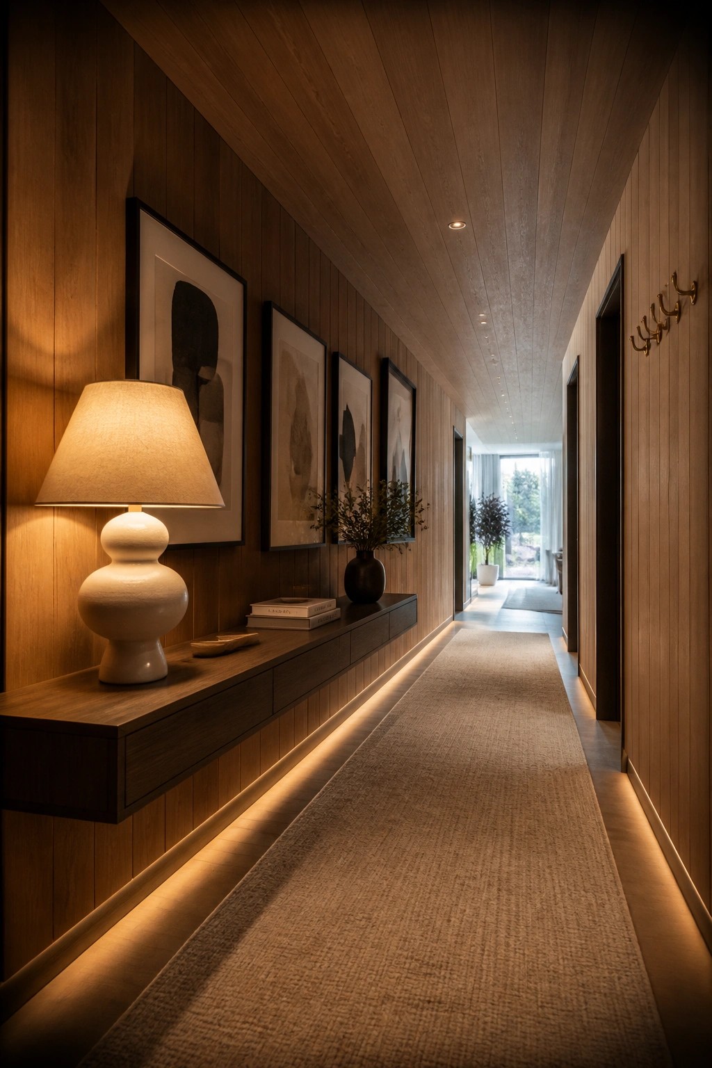 A narrow wood-paneled hallway with a long floating console, table lamp, framed art, and under-lighting along the base.