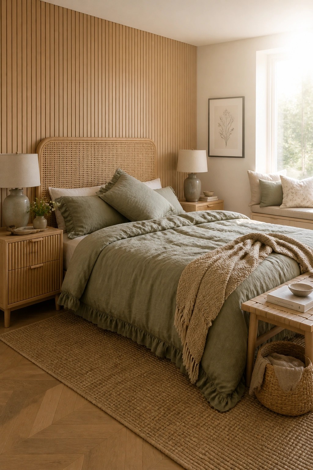 A bedroom featuring a bed with green bedding against a vertical wood slat accent wall, flanked by wooden nightstands on a herringbone wood floor.
