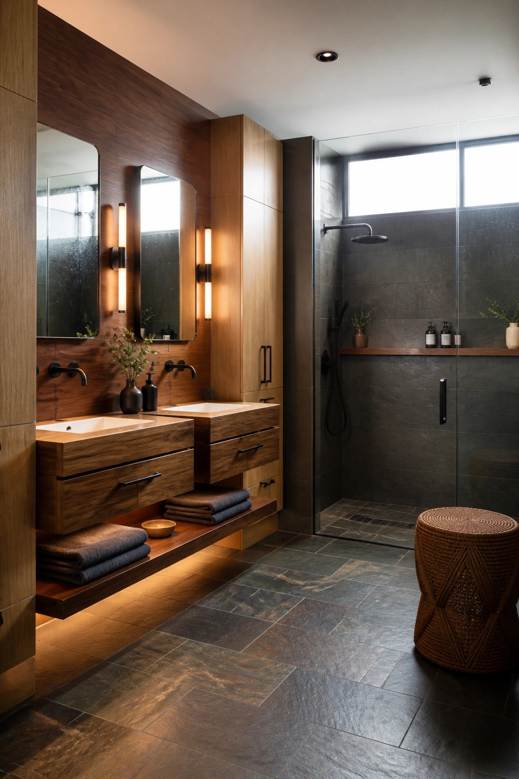 A modern bathroom with two floating wooden vanities, dark stone tiles, large mirrors with vertical sconces, and a glass-enclosed shower.
