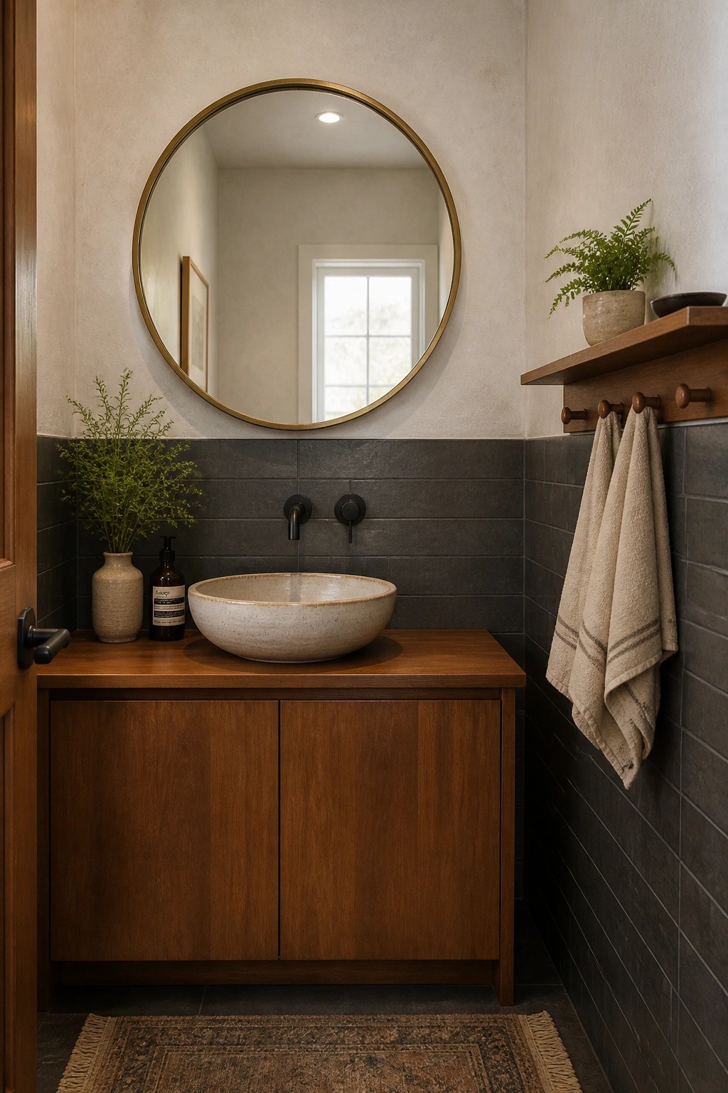 A modern bathroom featuring a wooden vanity with a vessel sink, round mirror above, and dark tiled walls.