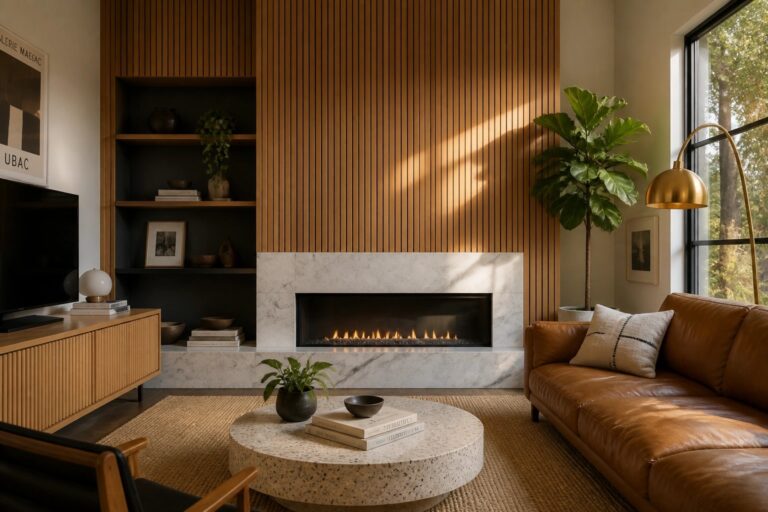 24 Elegant Wood Slat Wall Designs Built Around Clean Vertical Lines A modern living room with a vertical wood slat accent wall surrounding a marble fireplace, a round terrazzo coffee table, and a brown leather sofa.