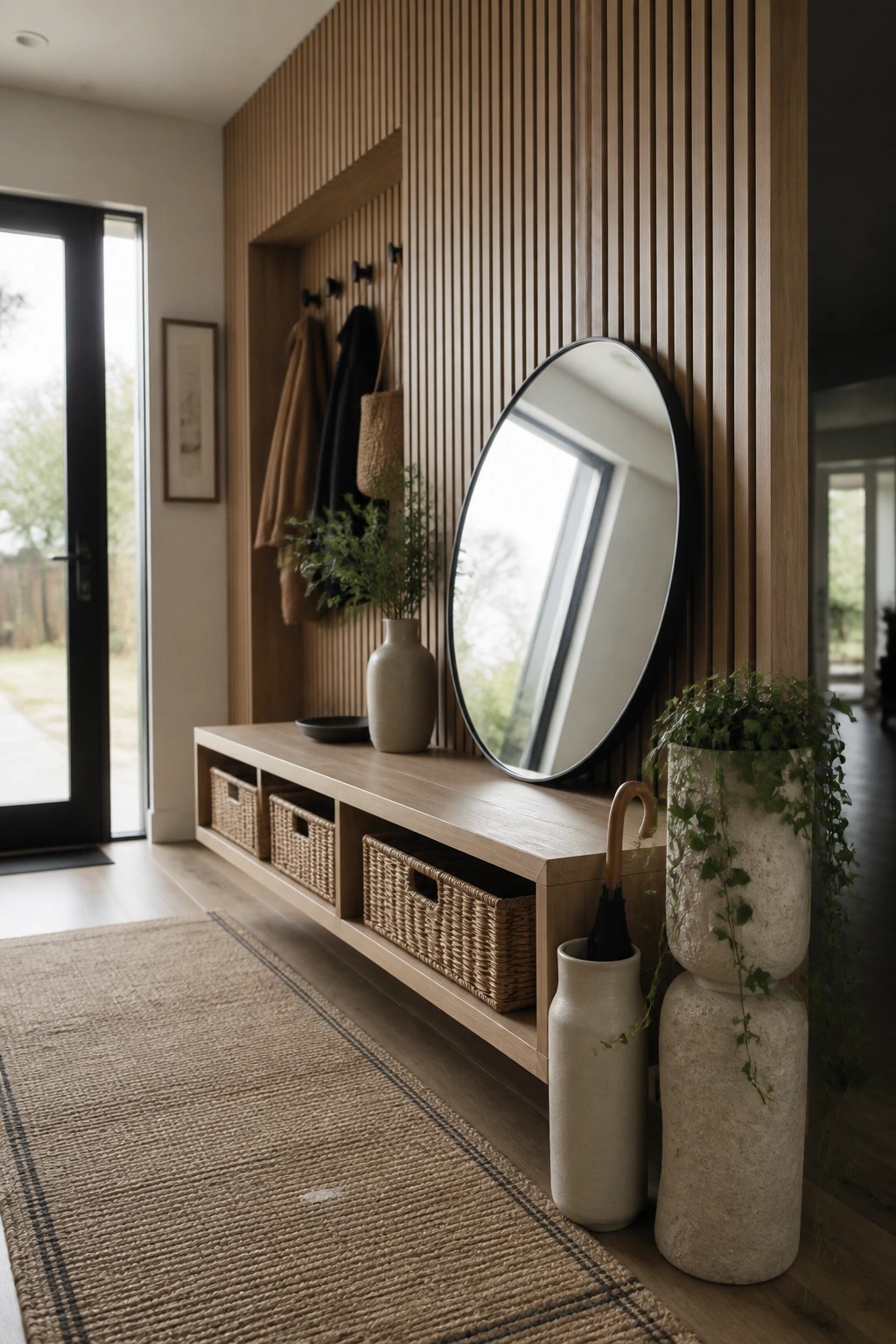 An interior entryway with a vertical wood slat accent wall, round mirror, floating wood bench with baskets, and ceramic vases on a light wood floor.