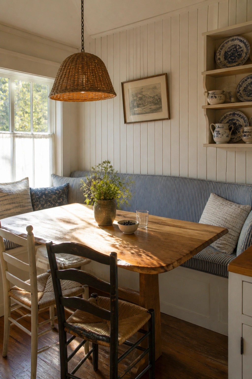 A dining area with a wooden table and mixed chairs set against white vertical wood slat walls and a blue striped built-in bench.