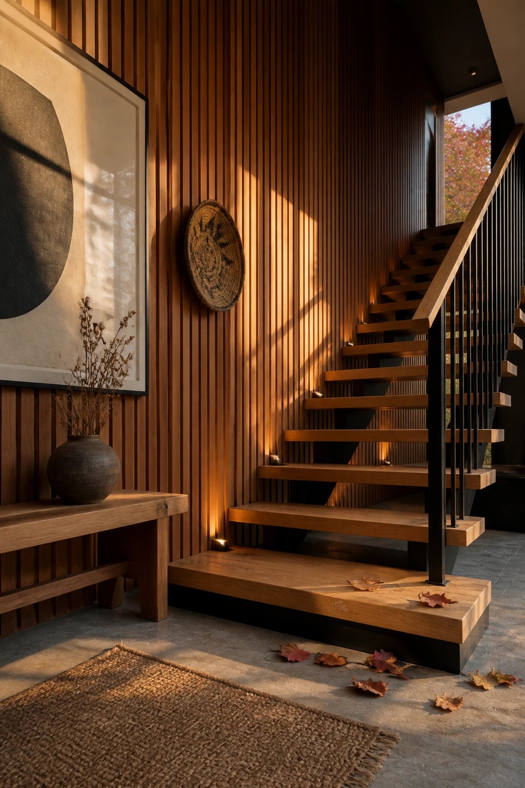 A modern interior staircase with vertical wood slat walls, wooden treads, black railings, and autumn leaves scattered on the lower steps.