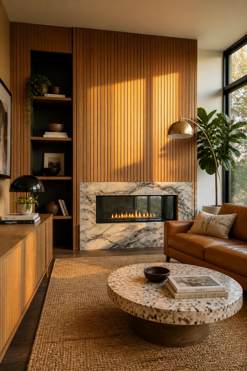 A modern living room with a vertical wood slat accent wall surrounding a marble fireplace, a round terrazzo coffee table, and a brown leather sofa.