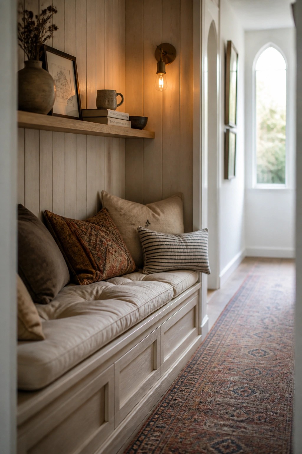 A built-in bench with neutral cushions and pillows sits beneath a wooden shelf on a wall covered in vertical wood slats, lit by a wall sconce.