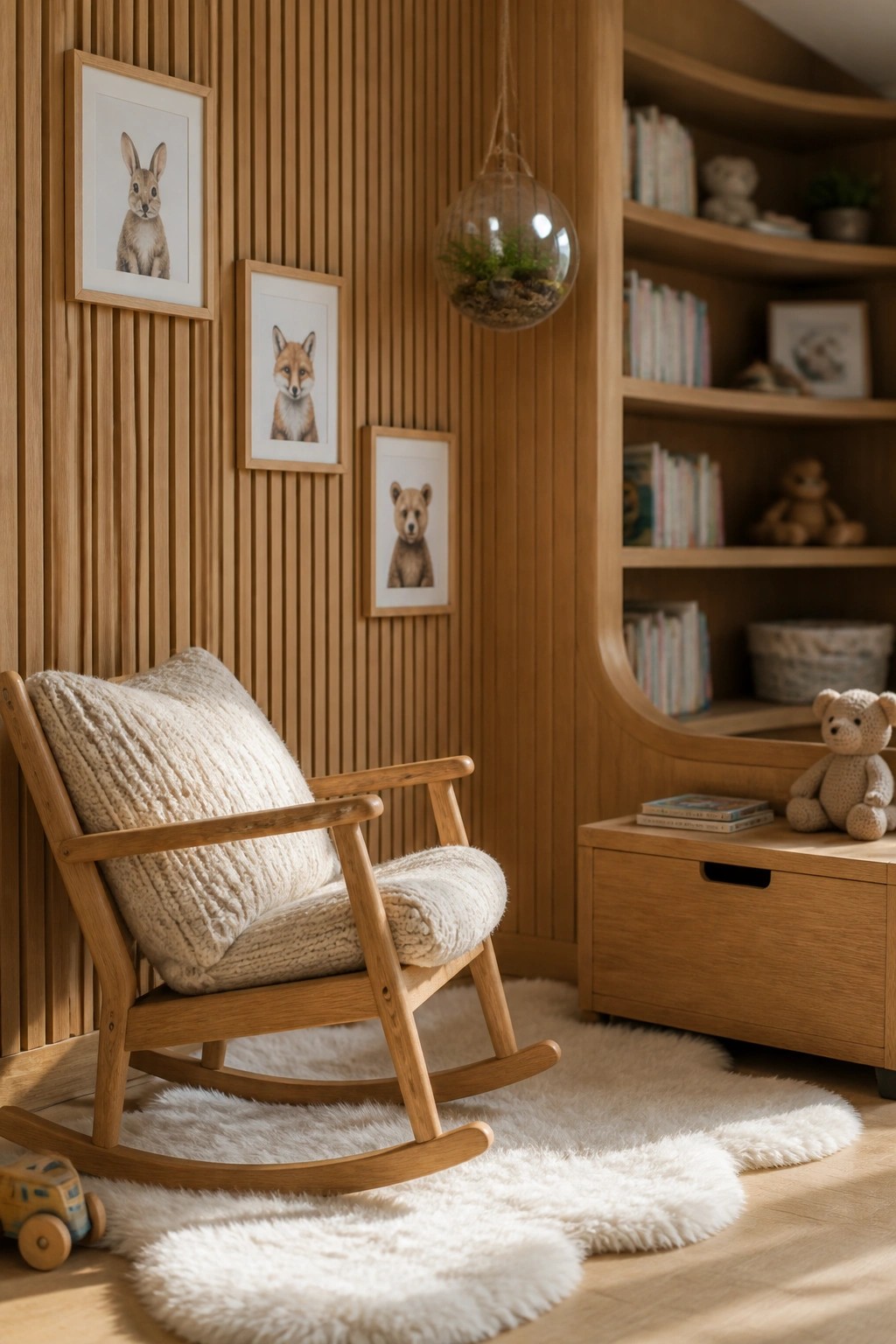 A light wood rocking chair with a cream knit blanket sits on layered white fluffy rugs in front of a vertical wood slat wall with three small framed animal prints.