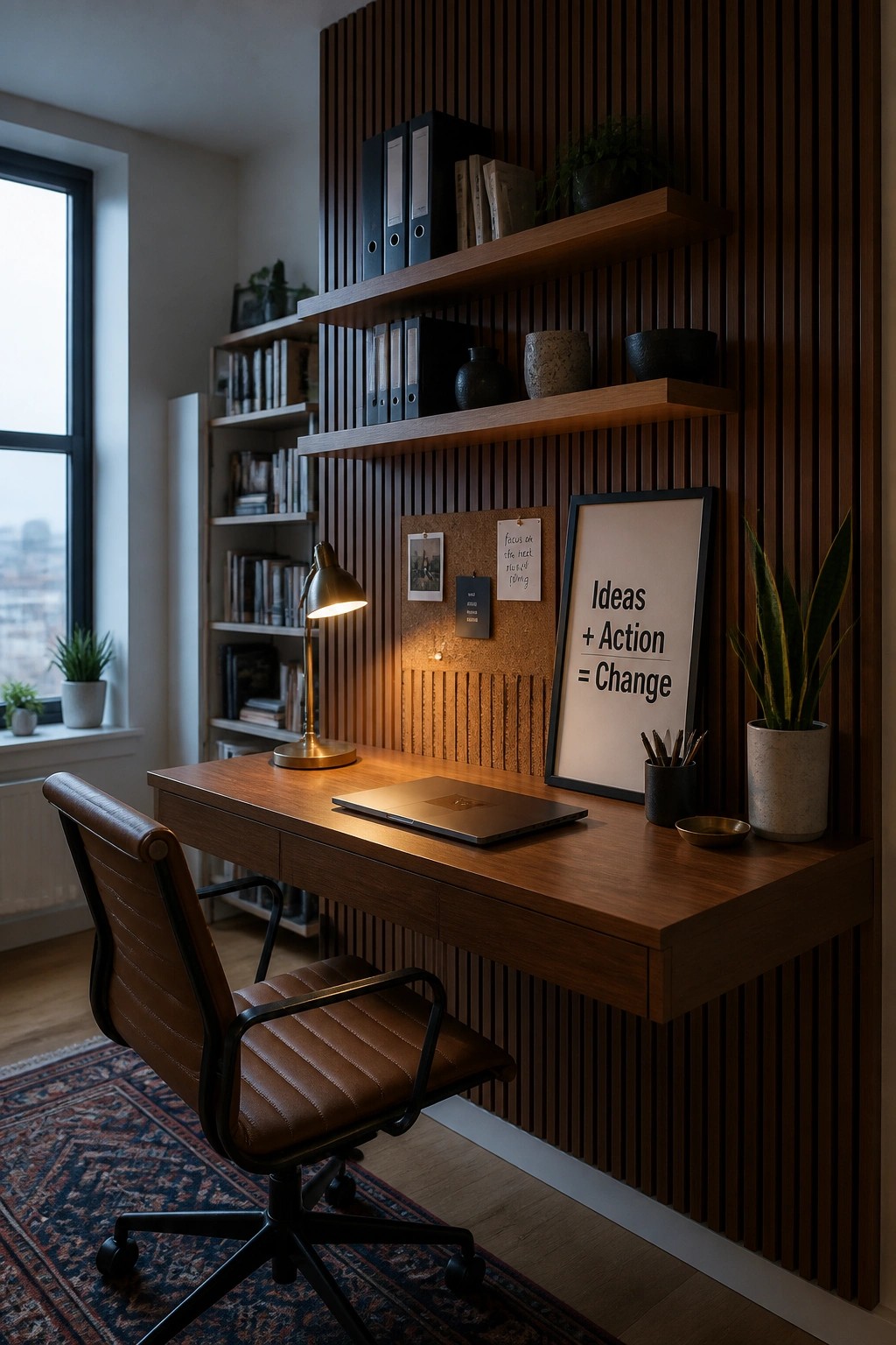 A home office with a wooden desk, brown leather chair, and a wall covered in vertical wood slats holding floating shelves, a corkboard, and framed art.