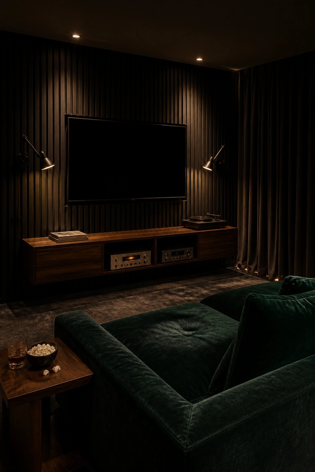 A dark media room featuring a large television mounted on a vertical wood slat accent wall above a floating wooden media console, with a green velvet sofa and side table in the foreground.