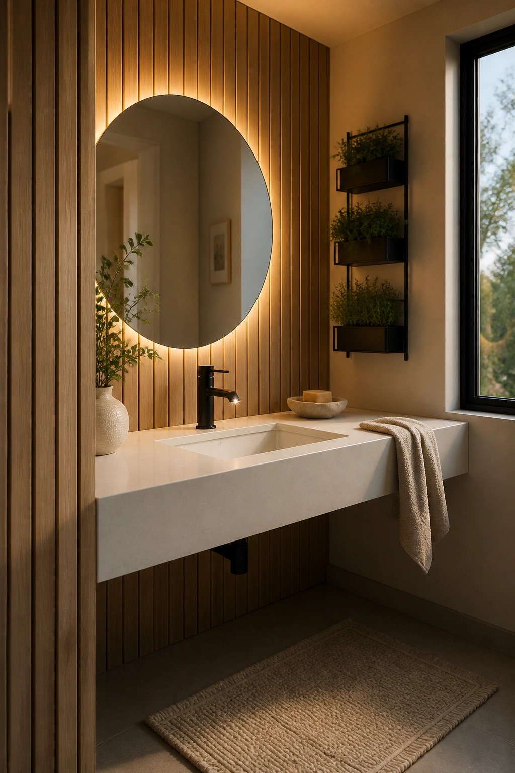 A bathroom vanity with a white floating countertop, black faucet, round backlit mirror, and vertical wood slat wall behind it.