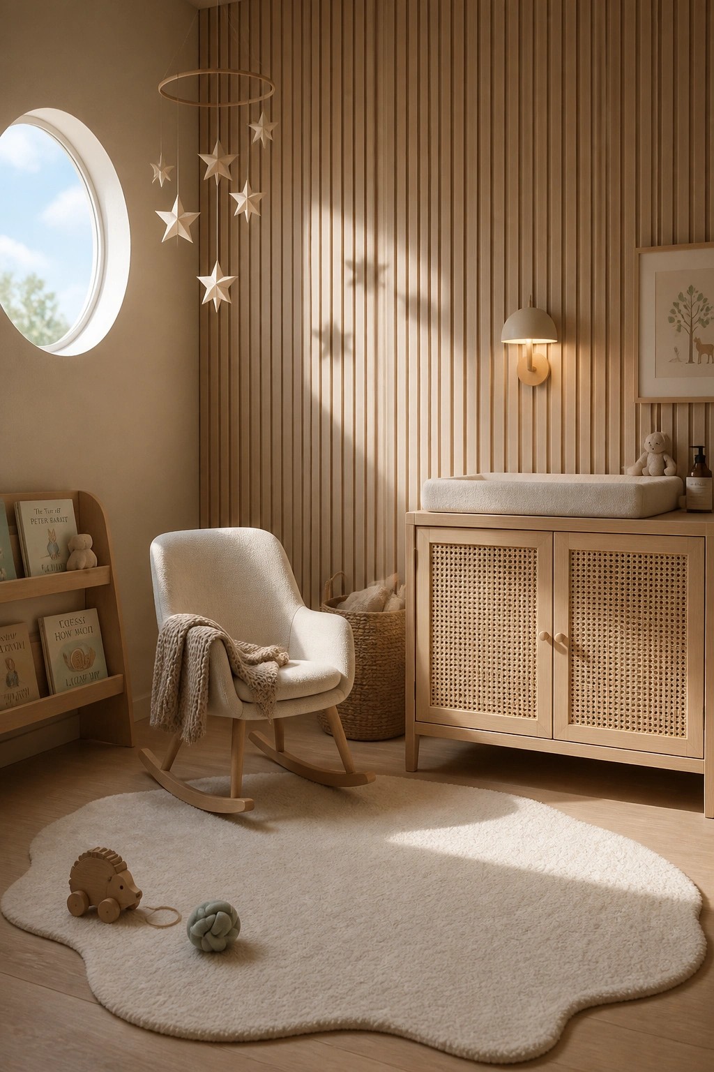 Cozy nursery with rocking chair, rattan changing table, star mobile, and fluffy rug.