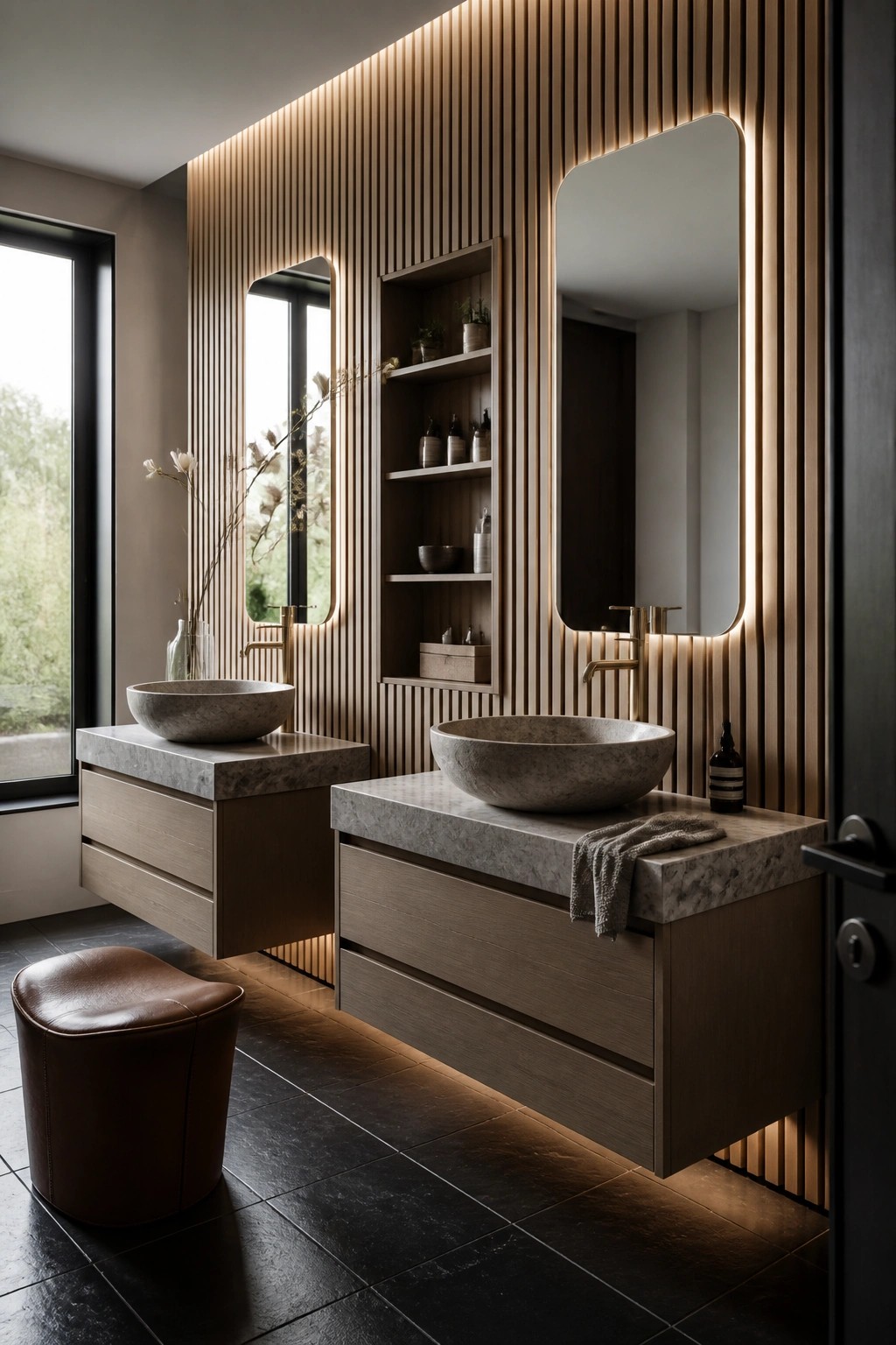 Modern bathroom with two floating wood vanities, stone vessel sinks, and a full wall of vertical wood slats with backlit mirrors and open shelving.