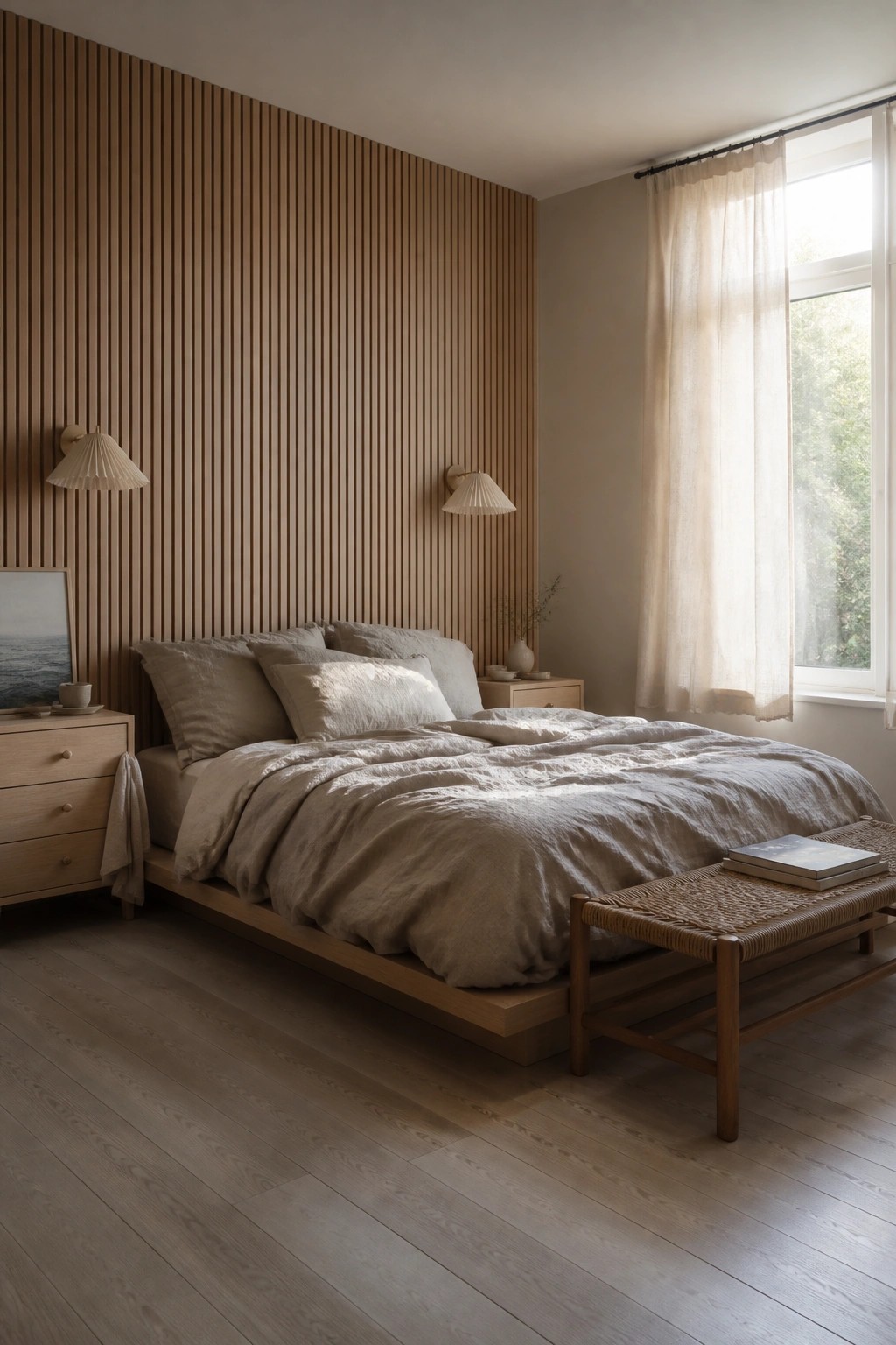 A bedroom featuring a low wooden bed with neutral linen bedding against a full wall of vertical wood slats, flanked by two wall sconces and a window with sheer curtains.