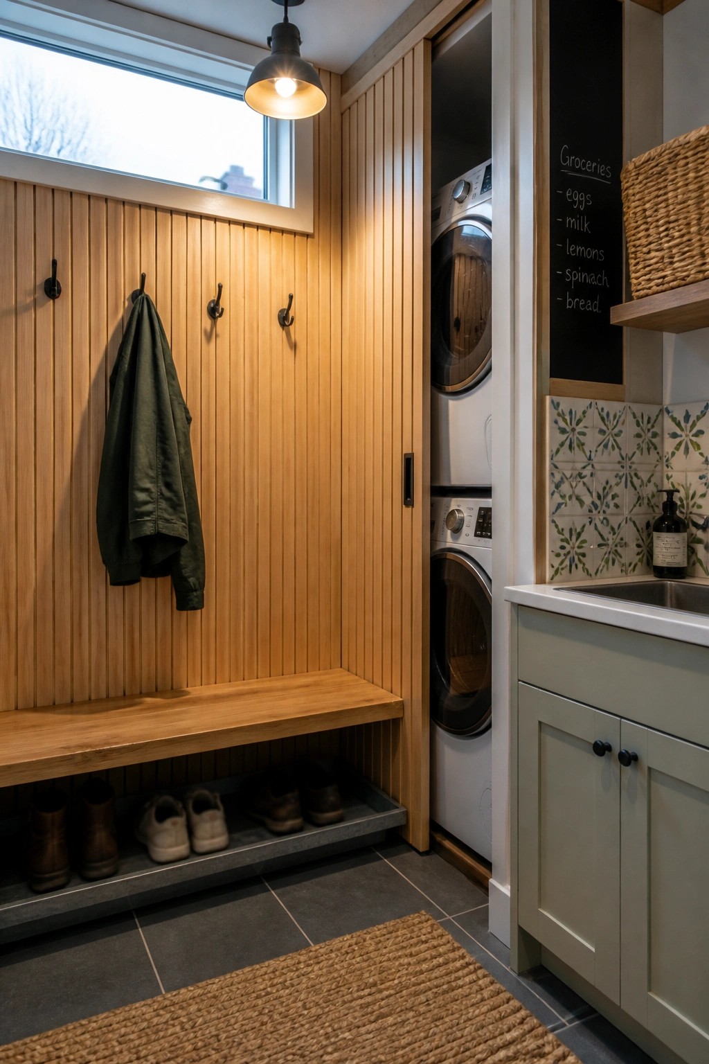 Interior mudroom featuring vertical wood slat walls with hooks, a built-in wooden bench with shoe storage, and integrated stacked washer and dryer units.
