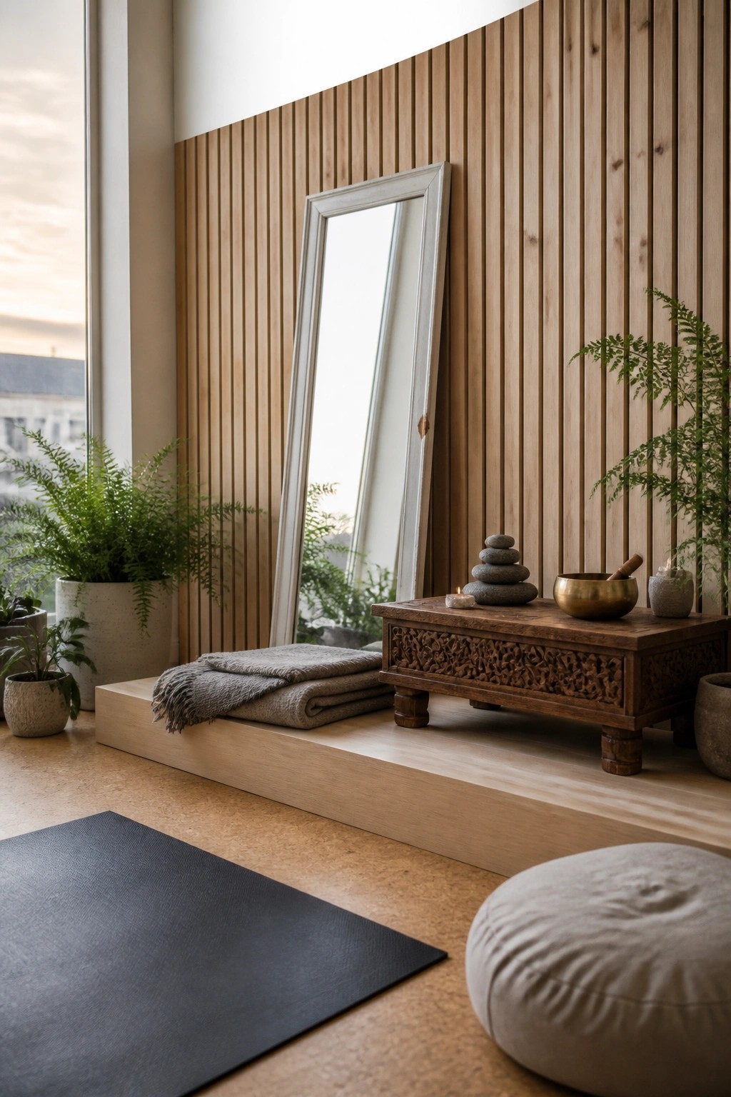 An interior corner featuring a full-height vertical wood slat wall, a leaning mirror, potted ferns, a carved wooden table with stacked stones and a singing bowl, a folded blanket on a low platform, a yoga mat, and a floor cushion.