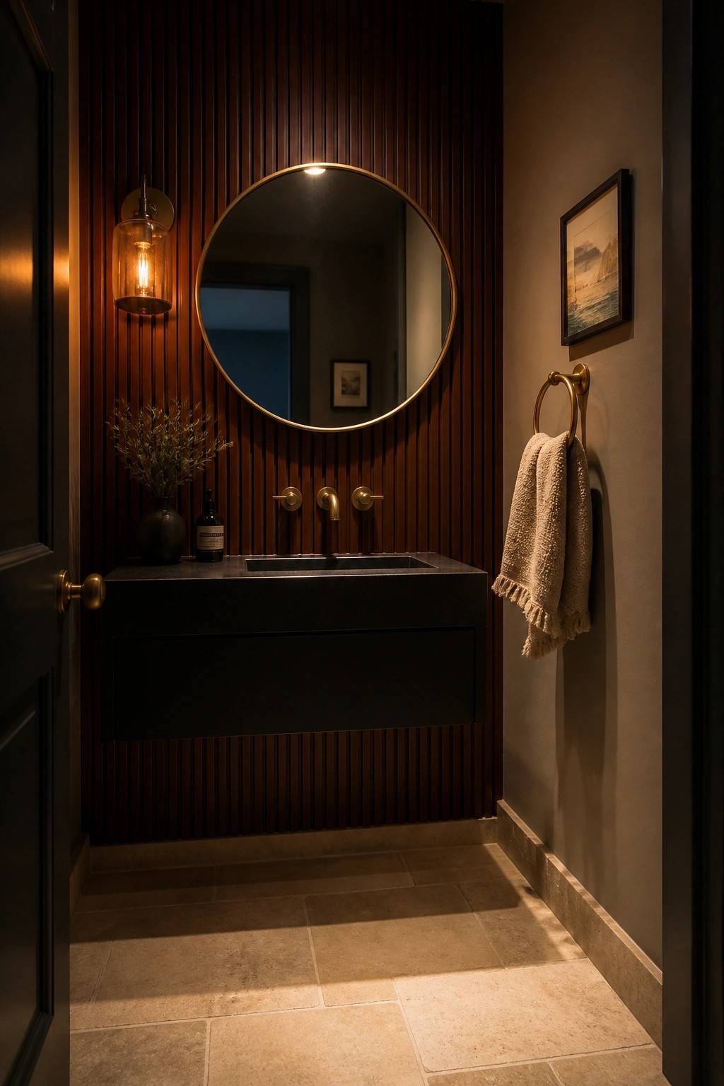A bathroom interior with vertical dark wood slat walls, a round gold-framed mirror above a black floating vanity, and a beige towel hanging on a gold ring holder to the right.