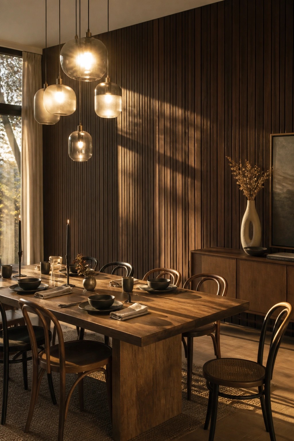 A dining room with a long wooden table, dark chairs, and a prominent wall of vertical wood slats lit by several glass pendant lights.
