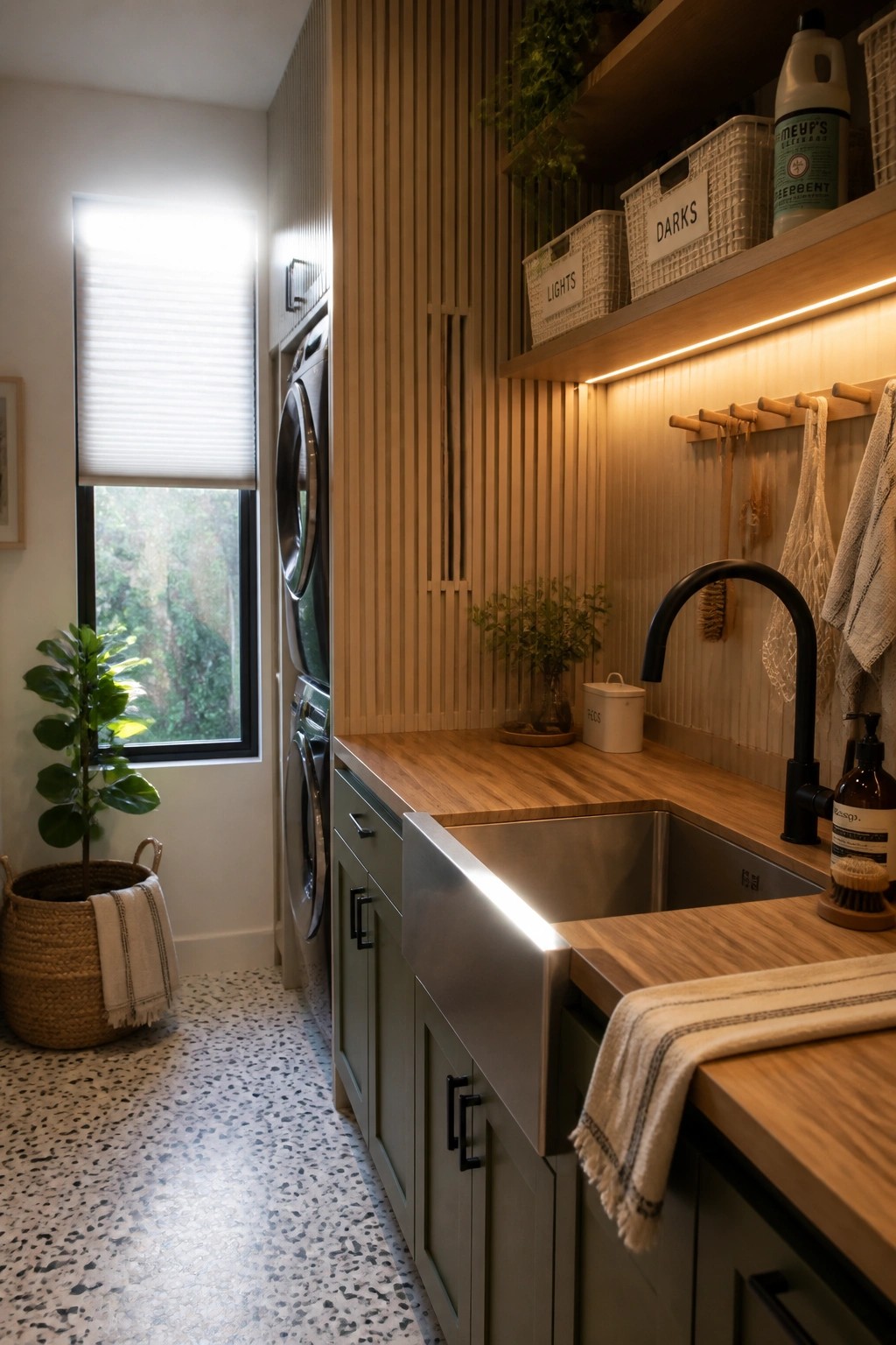 A laundry room with vertical wood slat walls, a stainless steel farmhouse sink, wooden countertops, and a stacked washer and dryer next to a window.