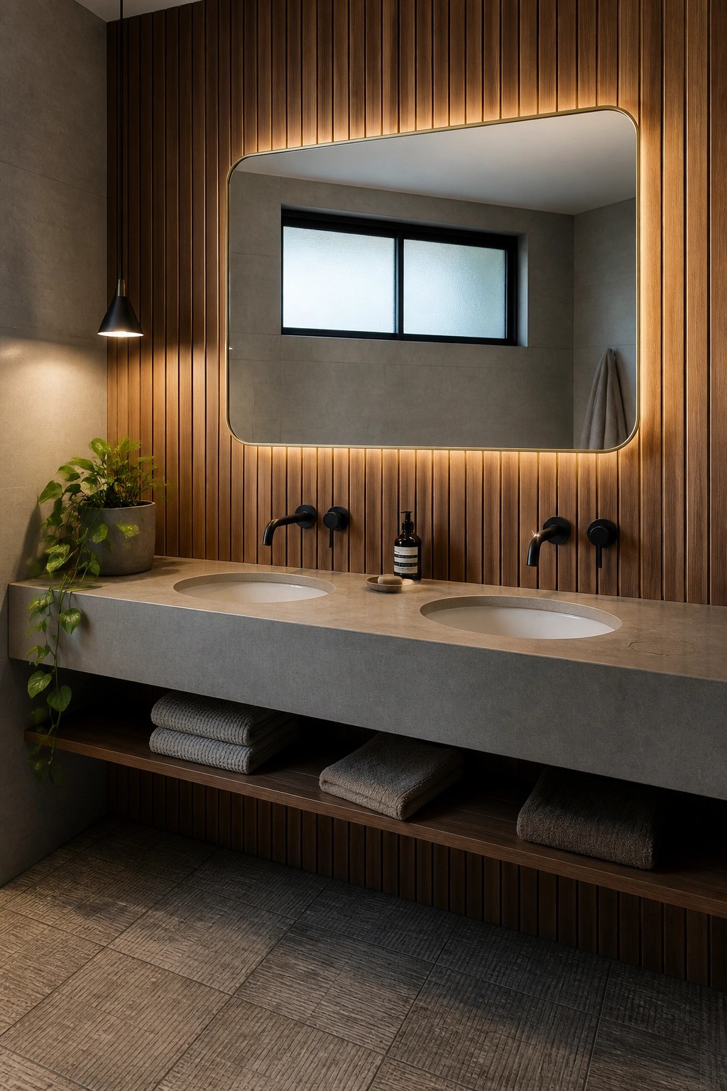A bathroom vanity area with a long concrete countertop, two sinks, black fixtures, and a large backlit mirror mounted on a wall covered in vertical wood slats.