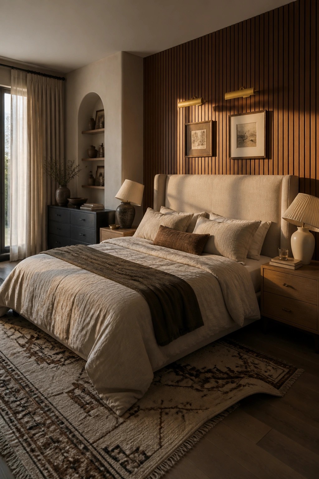 Sunlit bedroom with upholstered bed, neutral linens, wooden accents, and patterned rug