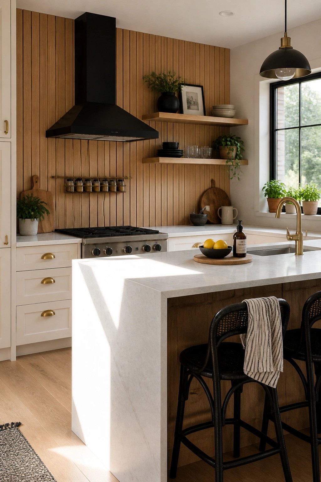A kitchen interior with vertical wood slat walls behind a stainless steel range and black range hood, white countertops, open wooden shelves, and black bar stools at a marble island.