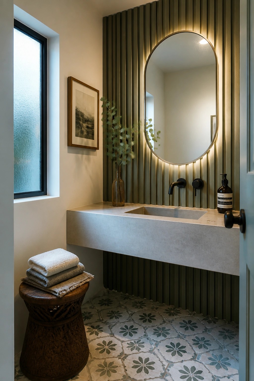 A bathroom with a floating concrete vanity, round mirror with backlighting, and a vertical wood slat accent wall in muted green tones.