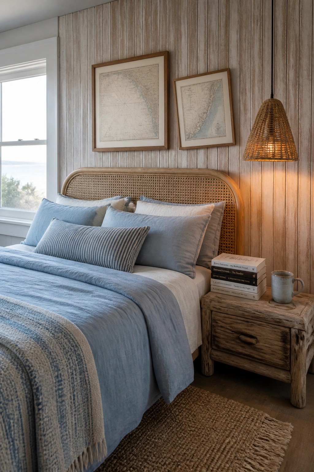 A bedroom featuring a bed with blue linens against a vertical wood slat wall, two framed maps above the headboard, and a wooden nightstand with books and a mug.
