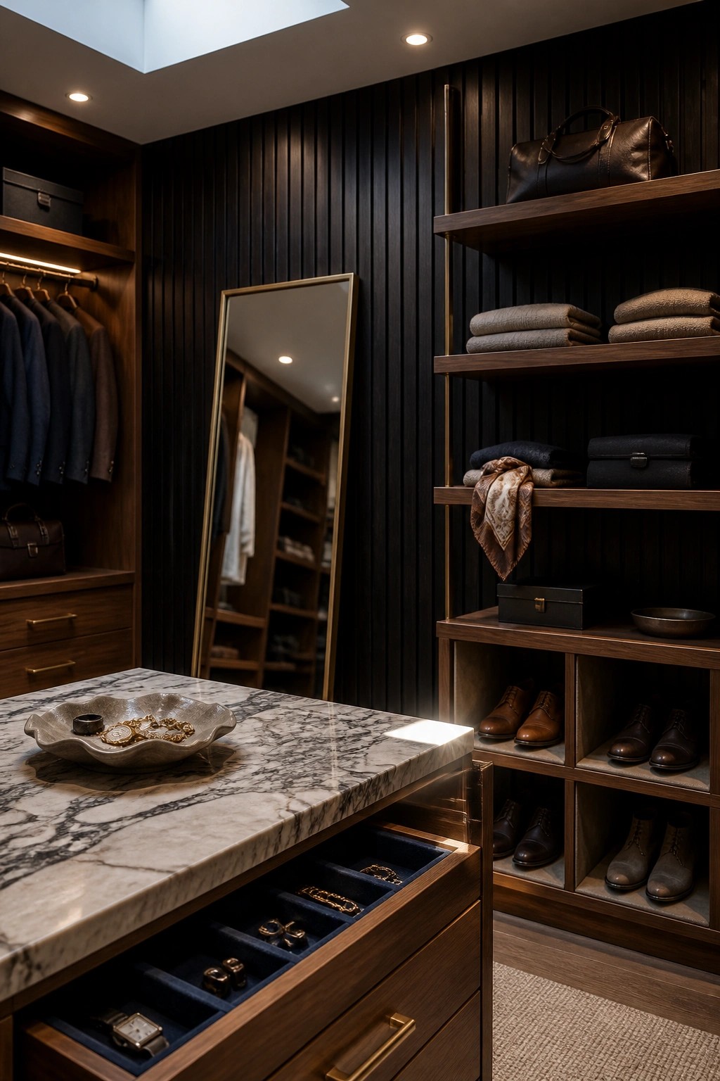 Interior view of a walk-in closet with dark vertical wood slat walls, a marble island with open jewelry drawers, and wooden shelves holding folded clothes, shoes, and bags.